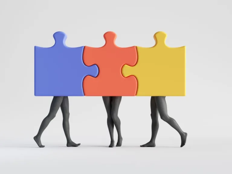 Attached abstract colorful puzzle pieces with mannequin legs.