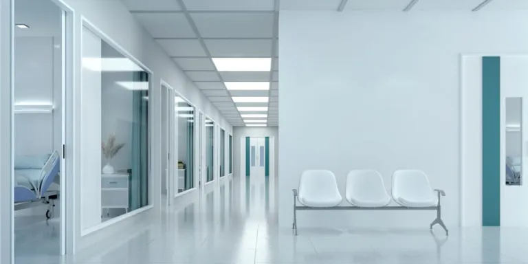 3D rendering of an empty corridor in a modern hospital.