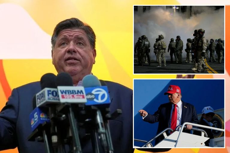 Collage of Pritzker, National Guard troops, and Trump.