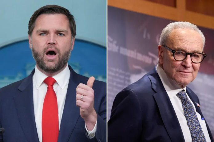 Vice President JD Vance, left, and Senate Minority Leader Chuck Schumer (D-NY), right