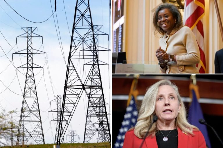 A collage of power lines, Virginia Lt. Gov. Winsome Earle-Sears, and former Rep. Abigail Spanberger (D-VA).
