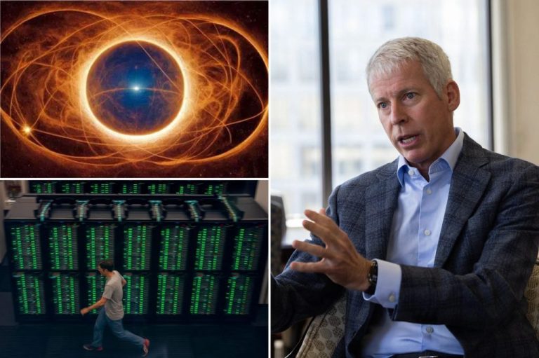 A collage of a generated image of nuclear fusion, Energy Secretary Chris Wright, and a worker walking next to the new supercomputer, the MareNostrum5, at the Barcelona Supercomputing Center.