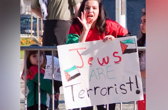 Radicalized antisemite protests Israel's defense campaign against Hamas (Courtesy of The College Fix)