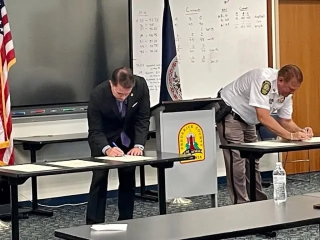 Virginia Attorney General Jason Miyares attends a roundtable discussion in Winchester, Virginia, with local law enforcement