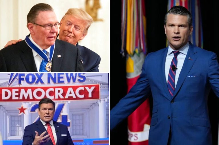 A collage of images including Fox News contributor and retired Gen. Jack Keane being award the Presidential Medal of Freedom by President Donald Trump, chief Fox anchor Bret Baier, and War Secretary Pete Hegseth.