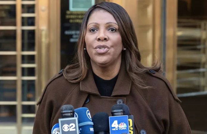 Letitia James speaks to the press.