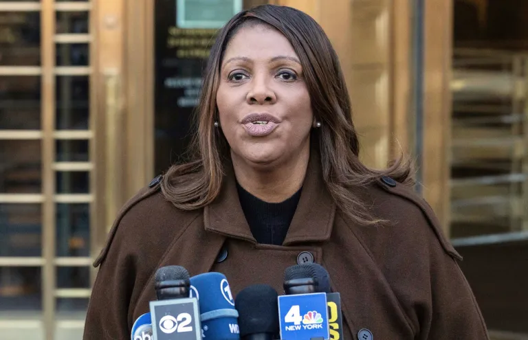 Letitia James speaks to the press.