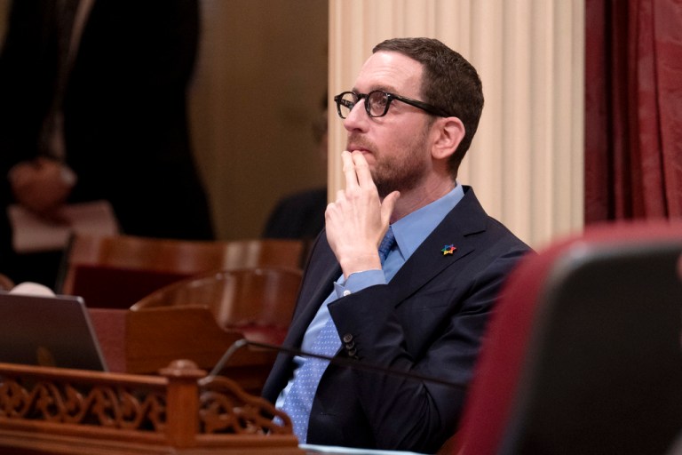 State Sen. Scott Wiener, D-San Francisco, chairman of the Senate Budget and Fiscal Review Committee, watches as the Senate votes on measure to reduce the state budget deficit at the Capitol in Sacramento, Calif., Thursday,, April 11, 2024.