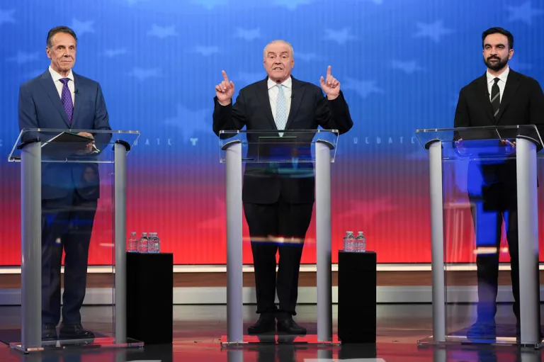 Sliwa stands between Mamdani and Cuomo in the first NYC mayoral debate.
