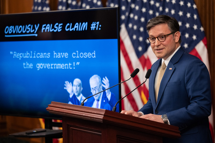 Speaker Mike Johnson (R-LA) holds a press conference on day 34 of the government shutdown. (Graeme Jennings / Washington Examiner)