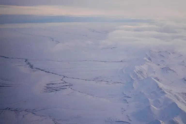 The snow-covered coastal plain area of the Arctic National Wildlife Refuge