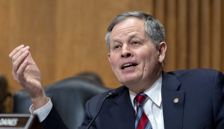 Sen. Steve Daines, R-Mont., questions Sen. Marco Rubio, R-Fla., President-elect Donald Trump's choice to be Secretary of State, as he appears before the Senate Foreign Relations Committee for his confirmation hearing, at the Capitol in Washington, Wednesday, Jan. 15, 2025. (AP Photo/Alex Brandon)
