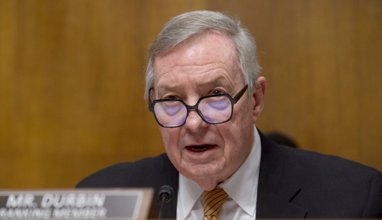 Ranking Member Sen. Dick Durbin, D-Ill., questions the witnesses during a Senate Judiciary committee hearing on fentanyl, and the need for permanent class scheduling, on Capitol Hill, Tuesday, Feb. 4, 2025, in Washington. (AP Photo/Rod Lamkey, Jr.)