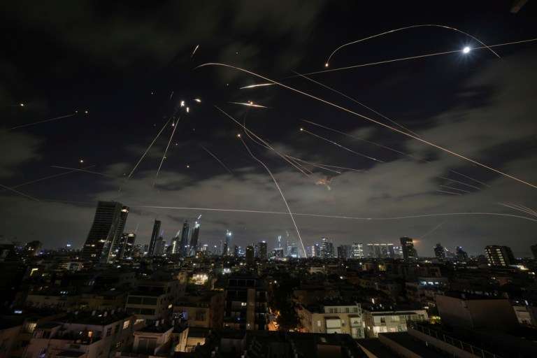 Israeli Iron Dome shoots down missiles over Tel Aviv.