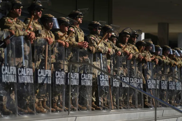 California National Guard members are positioned at the Federal Building in downtown Los Angeles.