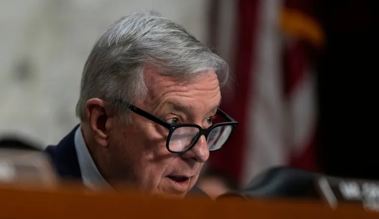Sen. Dick Durbin, D-Ill., speaks as FBI Director Kash Patel appears before the Senate Judiciary Committee for his first oversight hearing, Tuesday, Sept. 16, 2025, at the Capitol in Washington. (AP Photo/Julia Demaree Nikhinson)