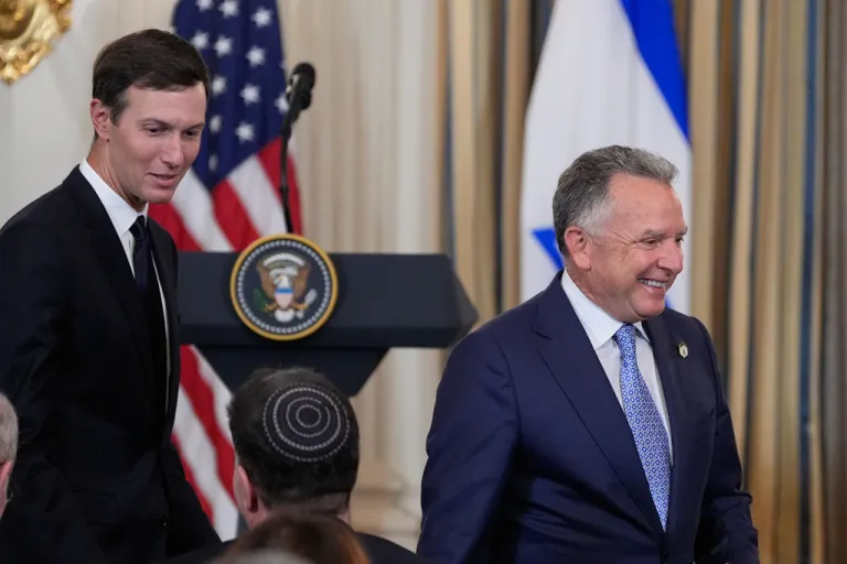 U.S. Special Envoy to the Middle East Steve Witkoff, right, and Jared Kushner arrive before President Donald Trump holds a news conference with Israel's Prime Minister Benjamin Netanyahu in the State Dining Room of the White House, Monday, Sept. 29, 2025, in Washington. (AP Photo/Alex Brandon)