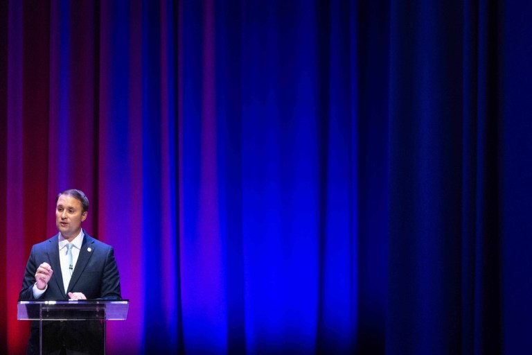 Republican incumbent Jason Miyares participates in the Virginia attorney general debate with Democrat Jay Jones in Richmond, Va., Thursday, Oct. 16, 2025.