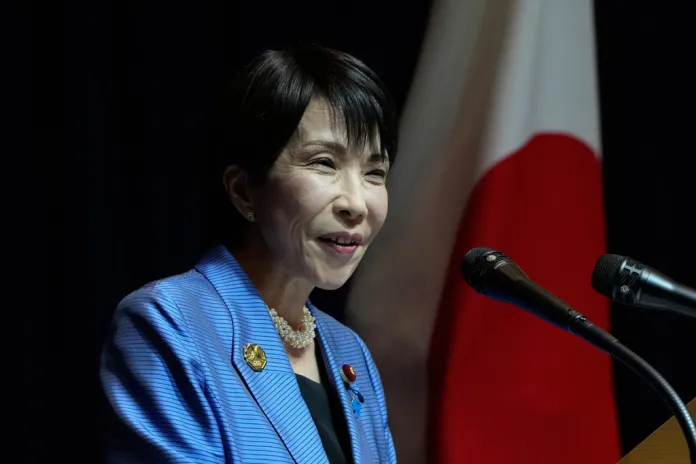 Japanese Prime Minister Sanae Takaichi speaks during a press conference.