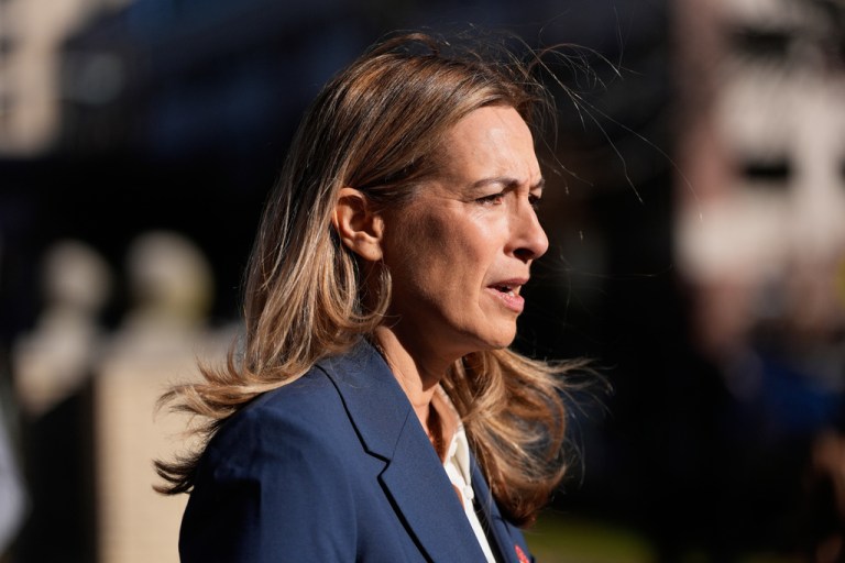New Jersey gubernatorial candidate Mikie Sherrill talks to reporters after voting in Montclair, N.J., Tuesday, Nov. 4, 2025. (AP Photo/Seth Wenig)