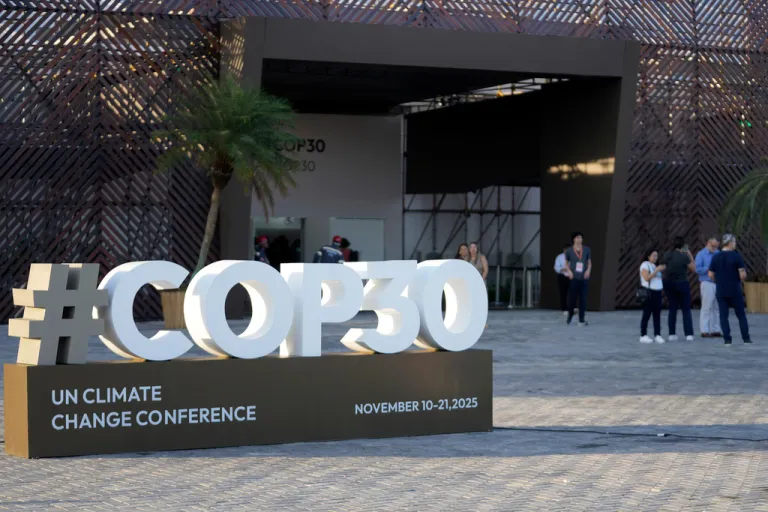 A sign for the upcoming COP30 United Nations Climate Summit.