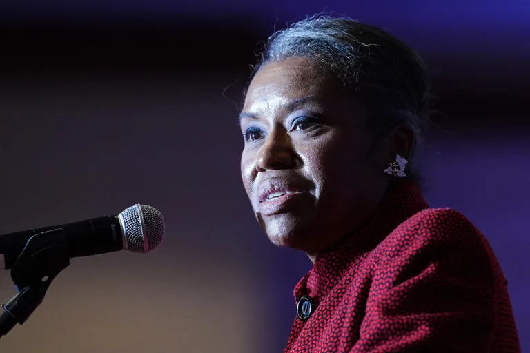 Republican Winsome Earle-Sears speaks on stage at an election night watch party after losing the Virginia governor's race Tuesday, Nov. 4, 2025, in Leesburg, Va. (AP Photo/Eric Lee)