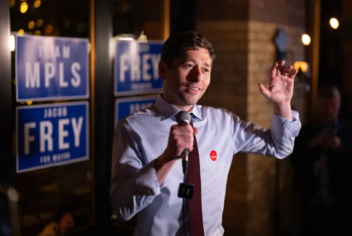 Minneapolis mayor Jacob Frey thanks supporters at their election night watch party at Jefe Urban Cocina in Minneapolis, Tuesday night, Nov. 4, 2025.