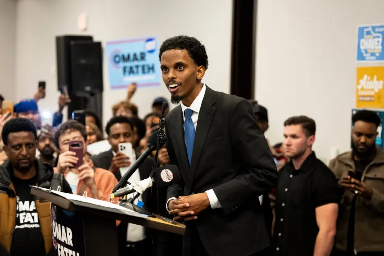 Sen. Omar Fateh, a candidate for Minneapolis mayor, addresses his supporters during an Election Day party at a downtown hotel, Tuesday, Nov. 4, 2025, in Minneapolis, Minn. (Ellen Schmidt/MinnPost via AP)