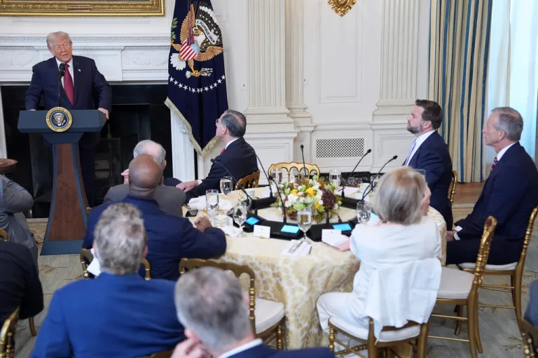 President Donald Trump speaks during a breakfast with Senate and House Republicans