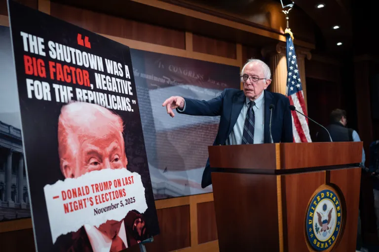 Sen. Bernie Sanders, I-Vt., speaks to reporters about Democratic victories on the morning after Election Day.