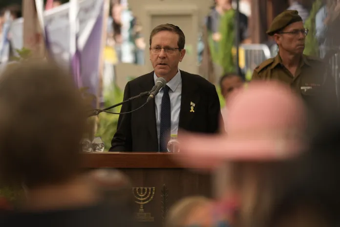 Israeli President Isaac Herzog speaks during the funeral of slain hostage Israeli-American Capt. Omer Neutra.