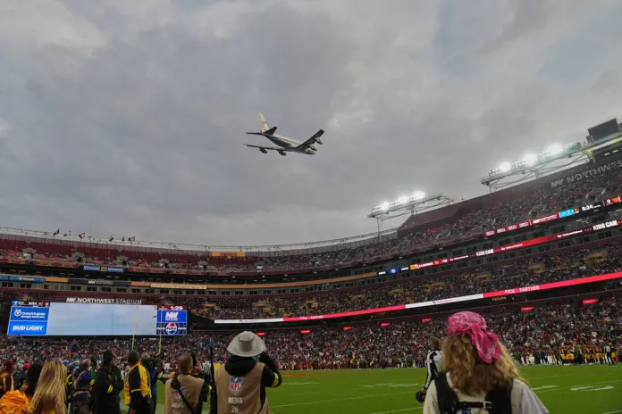Air Force One conducts flyover of Commanders-Lions game as Trump makes history Air Force One conducts flyover of Commanders-Lions game as Trump makes history