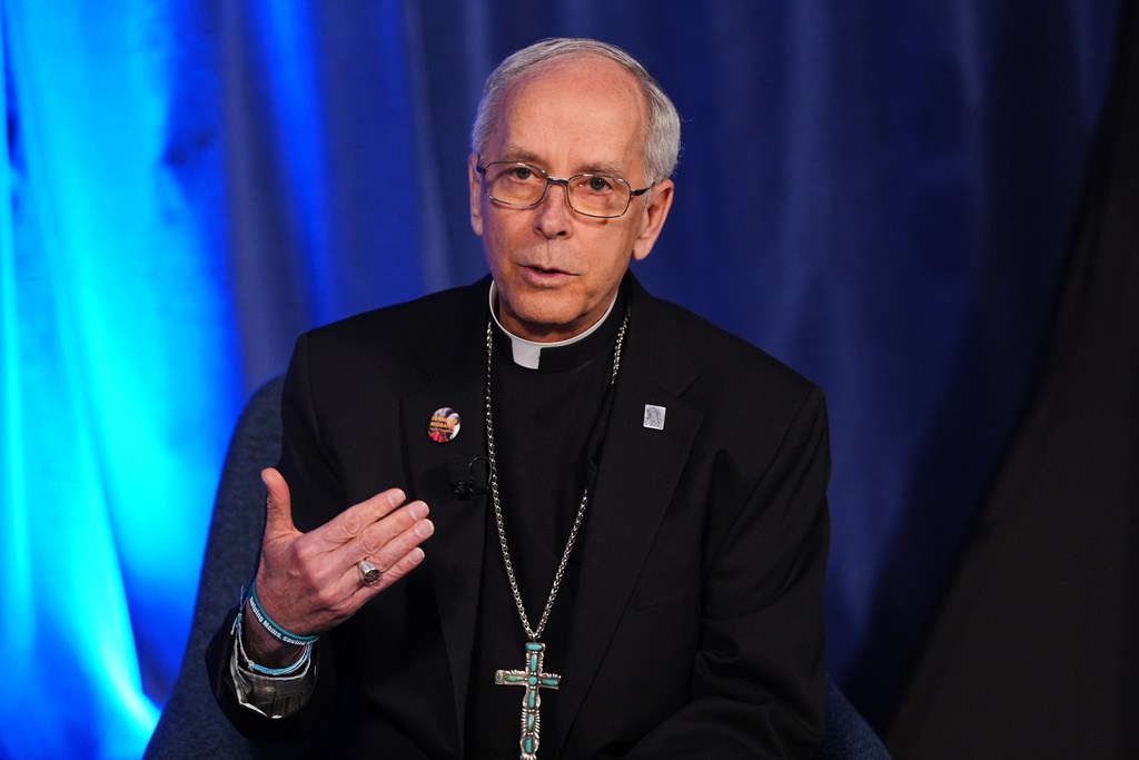 Bishop Mark J. Seitz, chair of the committee on migration of the United States Conference of Catholic Bishops, speaks during a press conference at a plenary assembly in Baltimore, Tuesday, Nov. 11, 2025. (AP Photo/Stephanie Scarbrough)