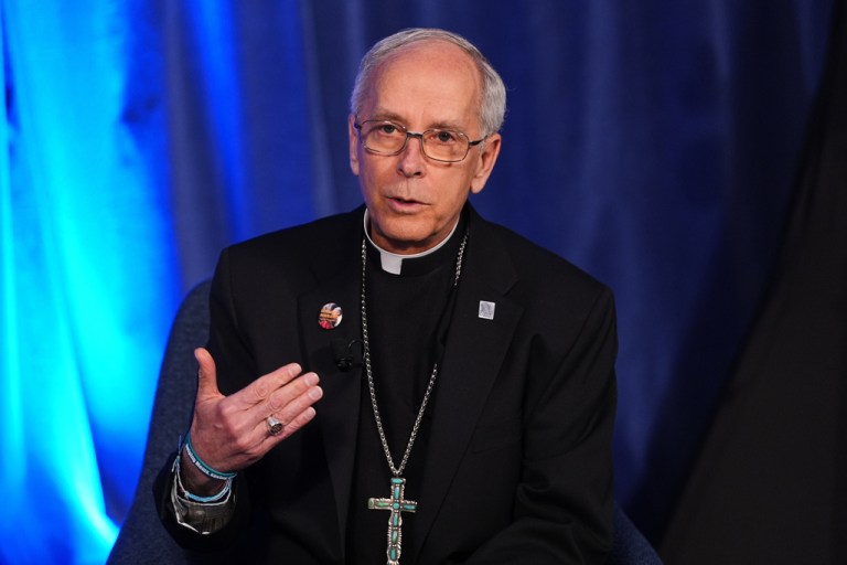 Bishop Mark J. Seitz, chair of the committee on migration of the United States Conference of Catholic Bishops, speaks during a press conference at a plenary assembly in Baltimore, Tuesday, Nov. 11, 2025. (AP Photo/Stephanie Scarbrough)