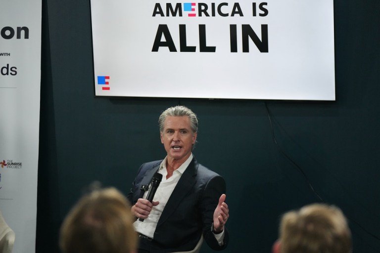 California Gov. Gavin Newsom speaking at a session at COP30.