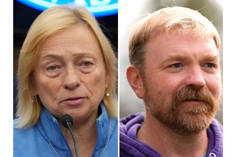 This photo combination shows Gov. Janet Mills in Lewiston, Maine, Oct. 27, 2023 and Graham Platner, Democratic candidate for U.S. Senate, Nov. 3, 2025, in Sullivan, Maine.