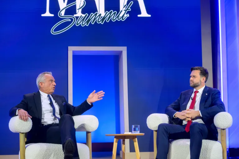 Vice President JD Vance, right, is joined by Health and Human Services Secretary Robert F. Kennedy, Jr., at the inaugural Make America Healthy Again Summit at the Waldorf Astoria Hotel, Wednesday, Nov. 12, 2025, in Washington. (AP Photo/Rod Lamkey, Jr.)