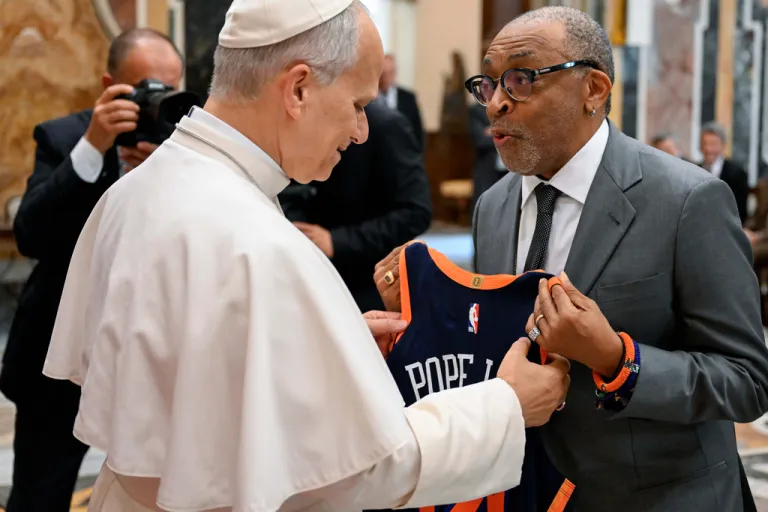 Pope Leo XIV meets with Spike Lee during an audience with and stars directors from the cinema at the Vatican, Saturday, Nov. 15, 2025.