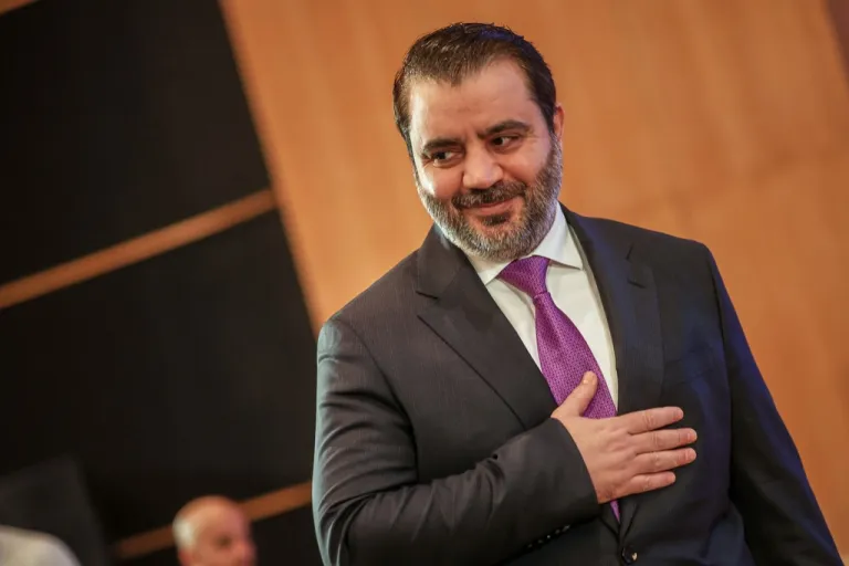 Syria's Foreign Minister Asaad al-Shibani attends the opening session of a series of meetings between representatives of Syria's civil society, in the presence of European Union and transitional government officials, at a conference center on the southern outskirts of Damascus, Saturday, Nov. 15, 2025.