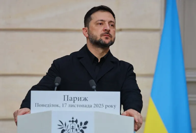 Ukrainian President Volodymyr Zelensky speaks at a joint press conference.