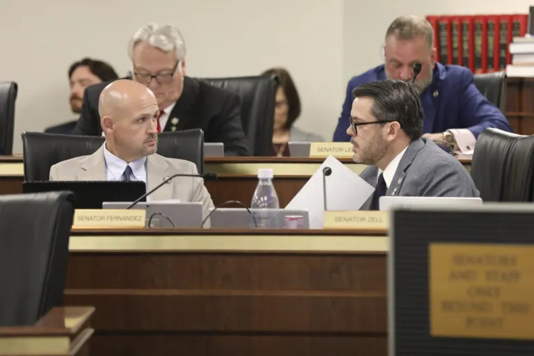 Republican South Carolina Sen. Tom Fernandez, left, and Republican Sen. Jeff Zell, right, talk during a hearing on an abortion bill in a Senate subcommittee on Tuesday, Nov. 18, 2025, in Columbia, S.C. (AP Photo/Jeffrey Collins)