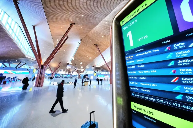 Travelers move through the new $1.7 billion dollar terminal of Pittsburgh International Airport.