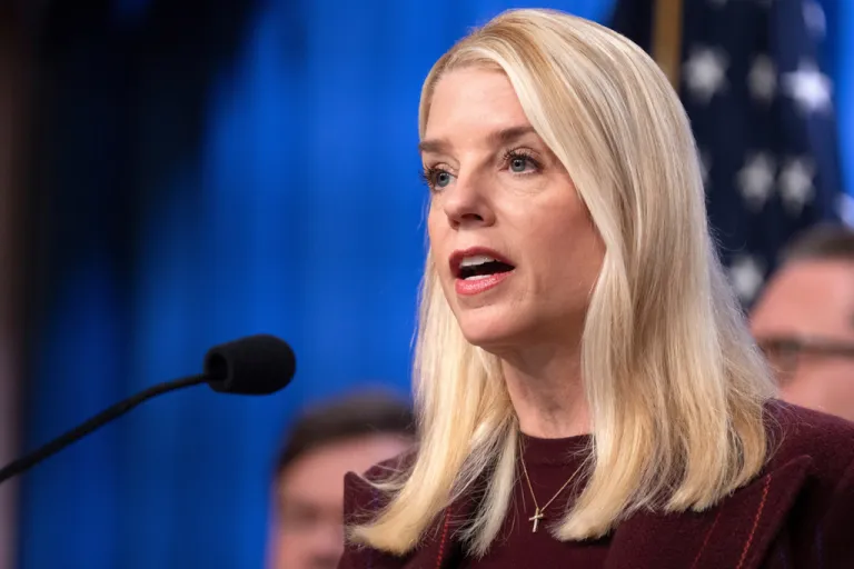 Attorney General Pam Bondi speaks with reporters during a news conference at the Department of Justice, Wednesday, Nov. 19, 2025, in Washington.