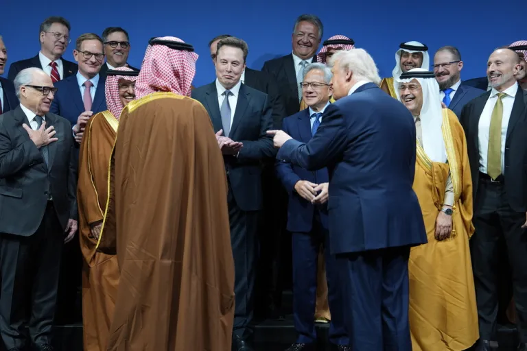 President Donald Trump speaks with Saudi Arabia's Crown Prince Mohammed bin Salman, Elon Musk, Nvidia CEO Jensen Huang and others, during the Saudi Investment Forum with Saudi Arabia's Crown Prince Mohammed bin Salman at the Kennedy Center, Wednesday, Nov. 19, 2025, in Washington.