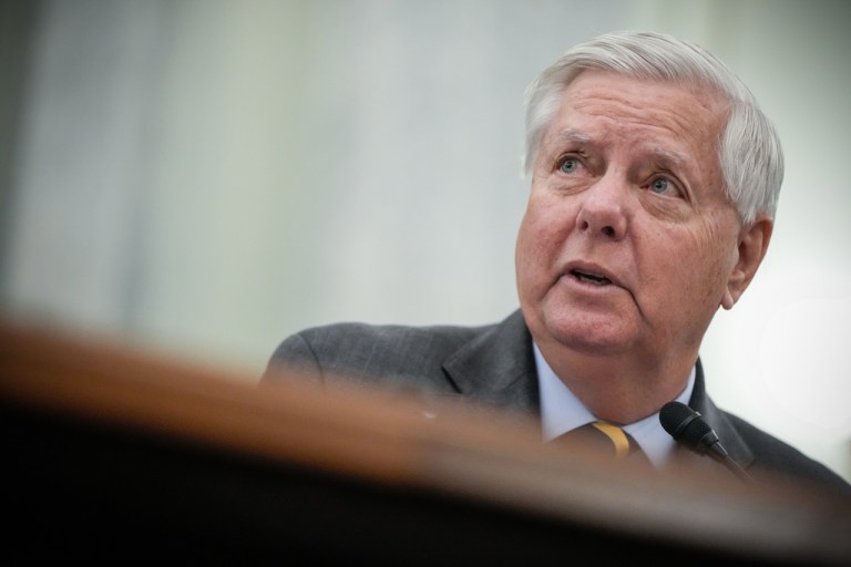 Sen. Lindsey Graham, R-S.C., introduces Adm. Kevin Lunday, acting commandant of the U.S. Coast Guard, during a Senate Commerce, Science and Transportation Committee hearing on the nomination Lunday for Commandant of the Coast Guard, Wednesday, Nov. 19, 2025, on Capitol Hill in Washington