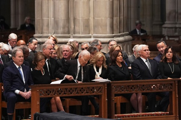 Two views of the Cheney funeral, a Trump-era event