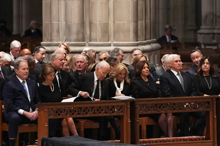 Former Presidents front row from left, George W. Bush with Laura Bush, Joe Biden with Jill Biden and former Vice Presidents Kamala Harris and Mike Pence with Karen Pence, right, during the funeral for former Vice President Dick Cheney at the Washington National Cathedral on Thursday, Nov. 20, 2025 in Washington.