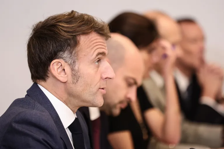 French President Emmanuel Macron attends a video conference.