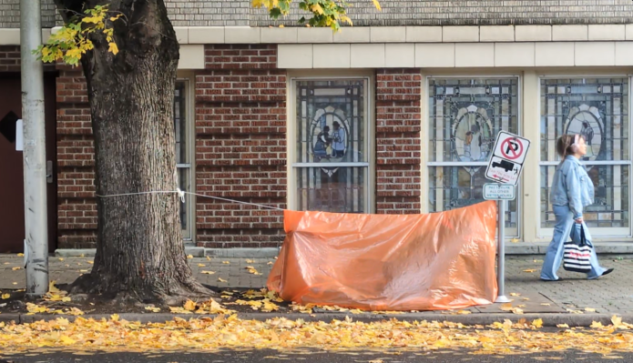 makeshift shelter and college student