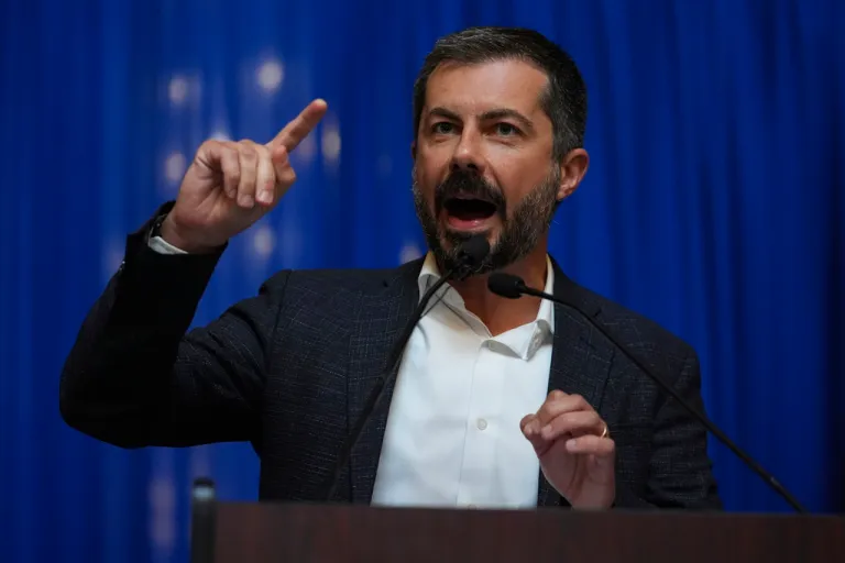 Former Transportation Secretary Pete Buttigieg speaks at a rally at the Statehouse in Indianapolis, Thursday, Sept. 18, 2025 for Indiana Democrats amid pressure from President Donald Trump on Republicans who control the state's legislature to redistrict congressional seats. (AP Photo/Michael Conroy)
